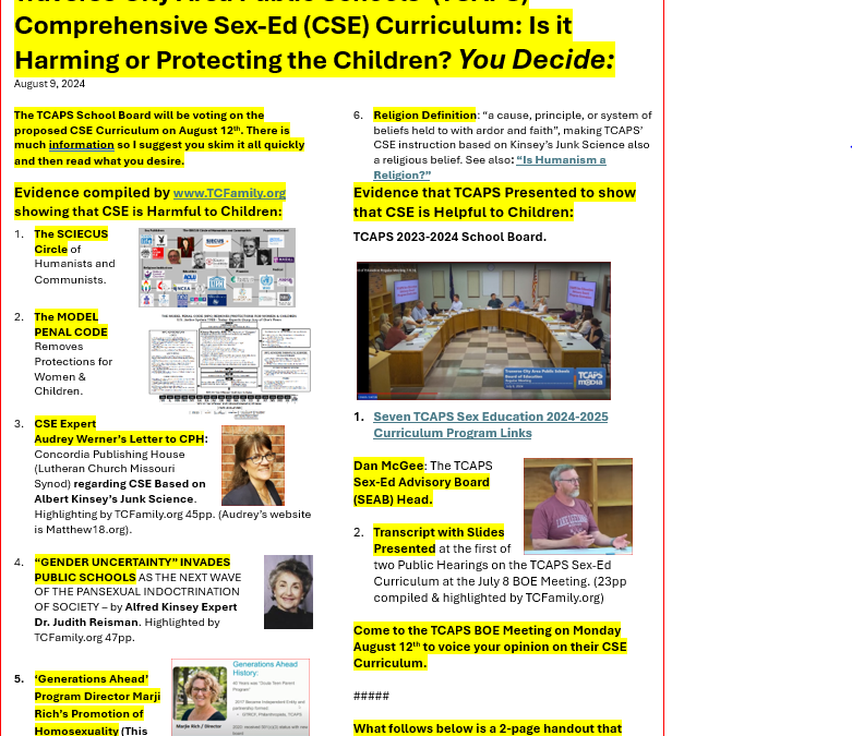 Traverse City Area Public Schools’ (TCAPS) Comprehensive Sex-Ed (CSE) Curriculum: Is it harming or Protecting the Children? You Decide.